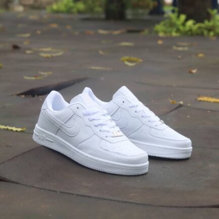 Front angle of Nike Air Force 1 Triple White casual sneakers.